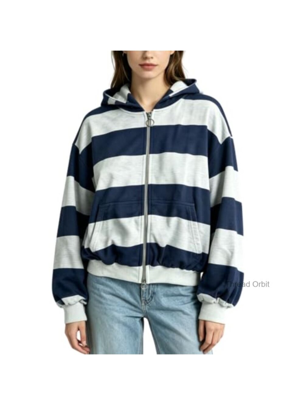 Striped Zip Up Hoodie Oversized Sweatshirt Kangaroo Pocket